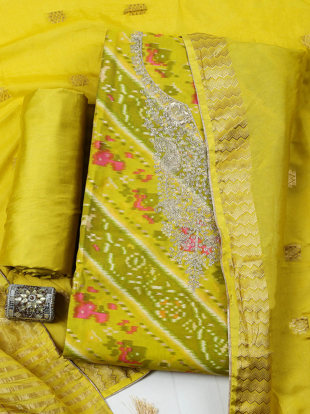 Embroidered Cotton Blend Unstitched Suit With Pant &amp; Dupatta