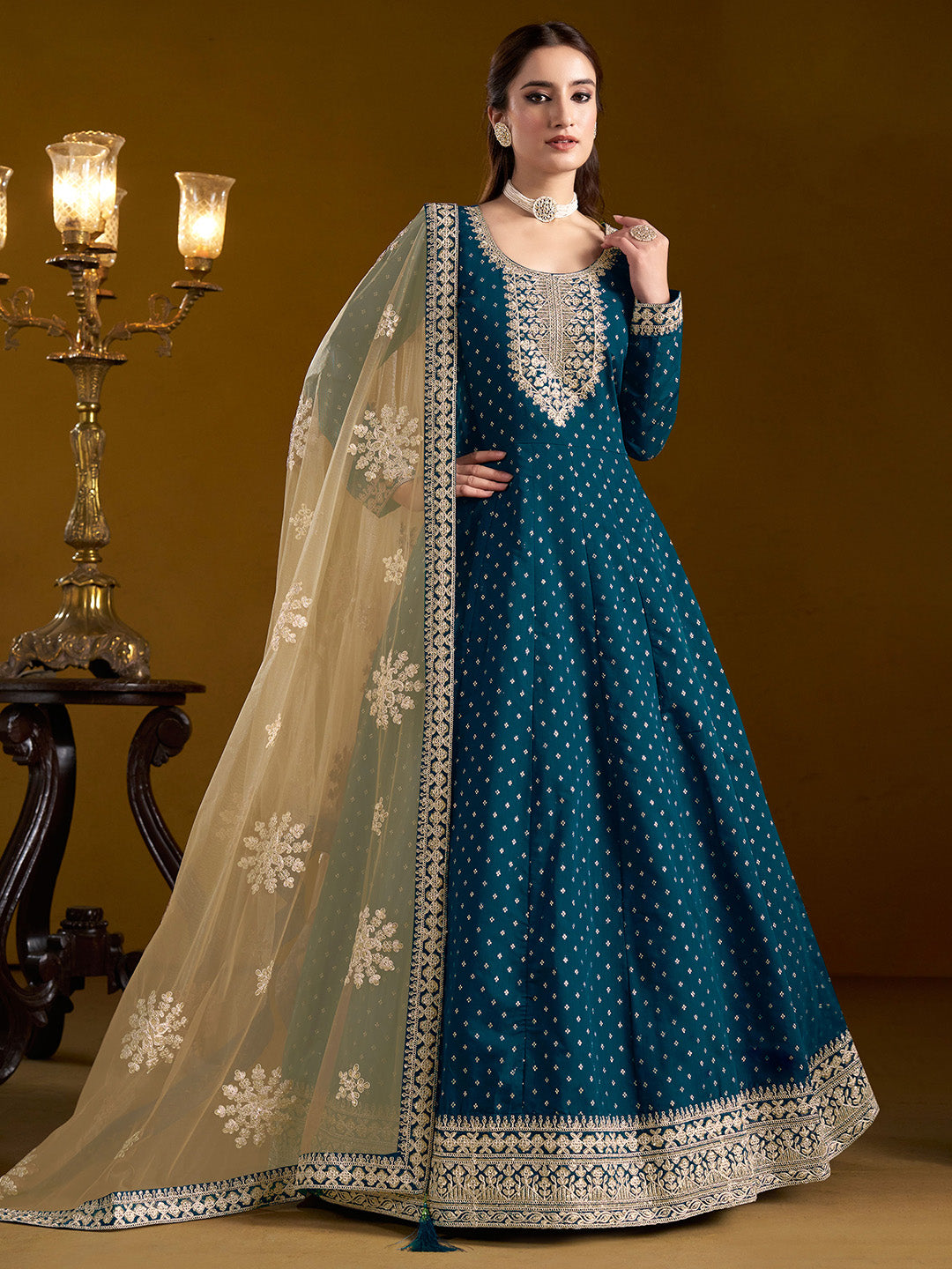 Embroidered Chanderi Semi Stitched Kurta With Salwar &amp; Dupatta