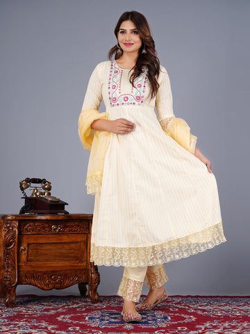 Cotton Anarkali Embroidered Suit Set With Lace