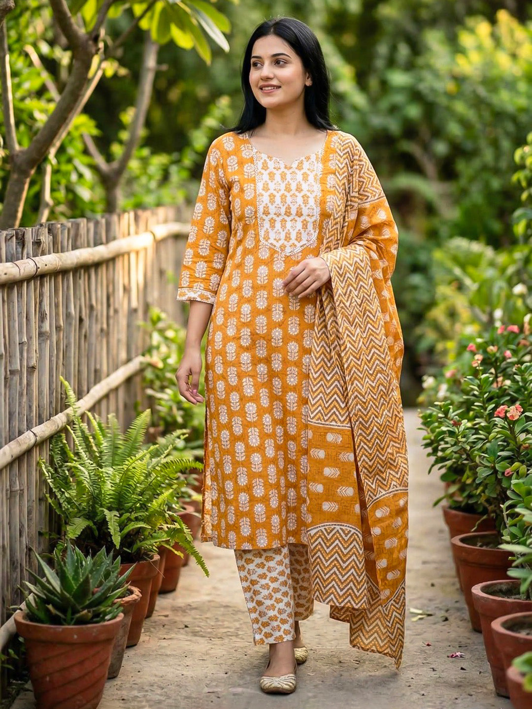 Printed Cotton Blend Suit With Pant &amp; Dupatta