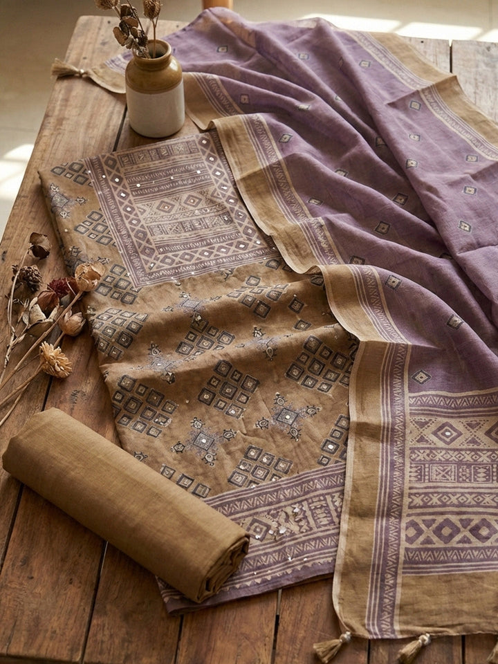 Printed Chanderi Unstitched Suit With Pant &amp; Dupatta