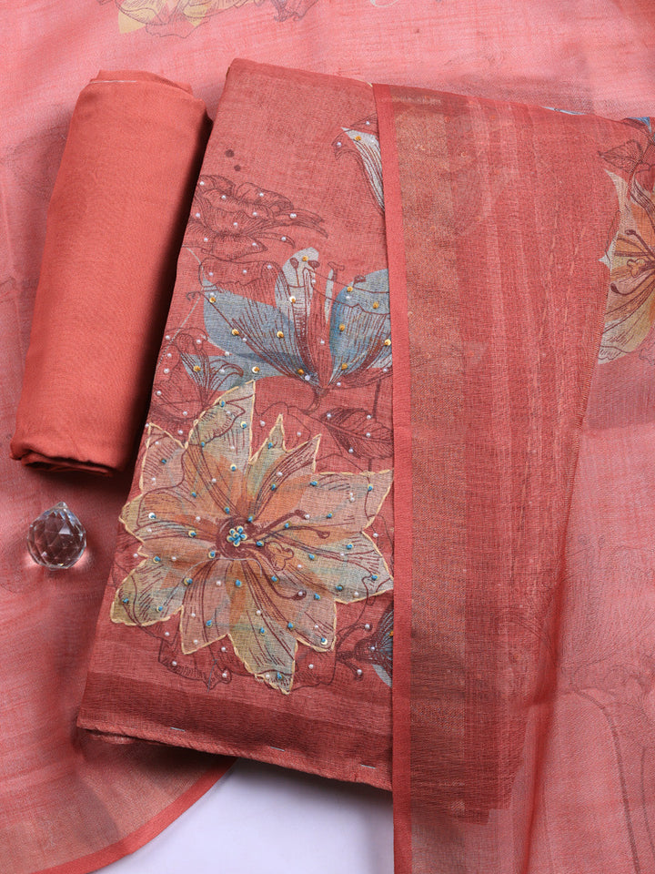 Printed Linen Blend Unstitched Suit With Pant &amp; Dupatta