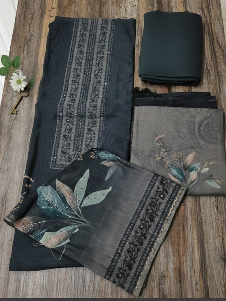 Printed Chanderi Unstitched Suit With Pant &amp; Dupatta