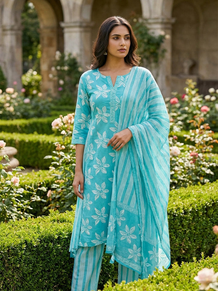 Printed Cotton Blend Kurta With Pant &amp; Dupatta