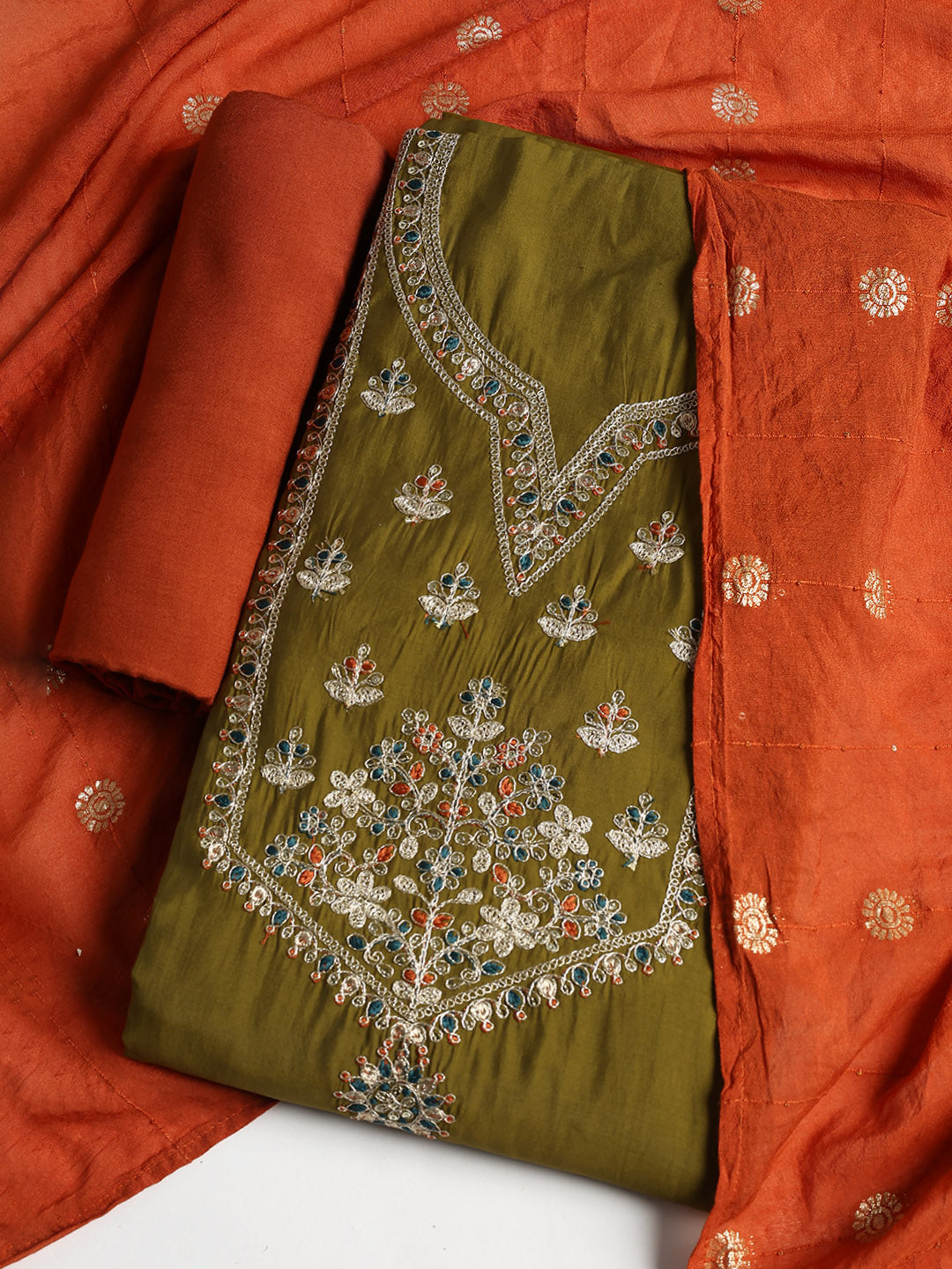 Neck Embroidered Chanderi Unstitched Suit With Dupatta