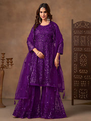Embroidered Net Semi Stitched Kurta With Sharara & Dupatta
