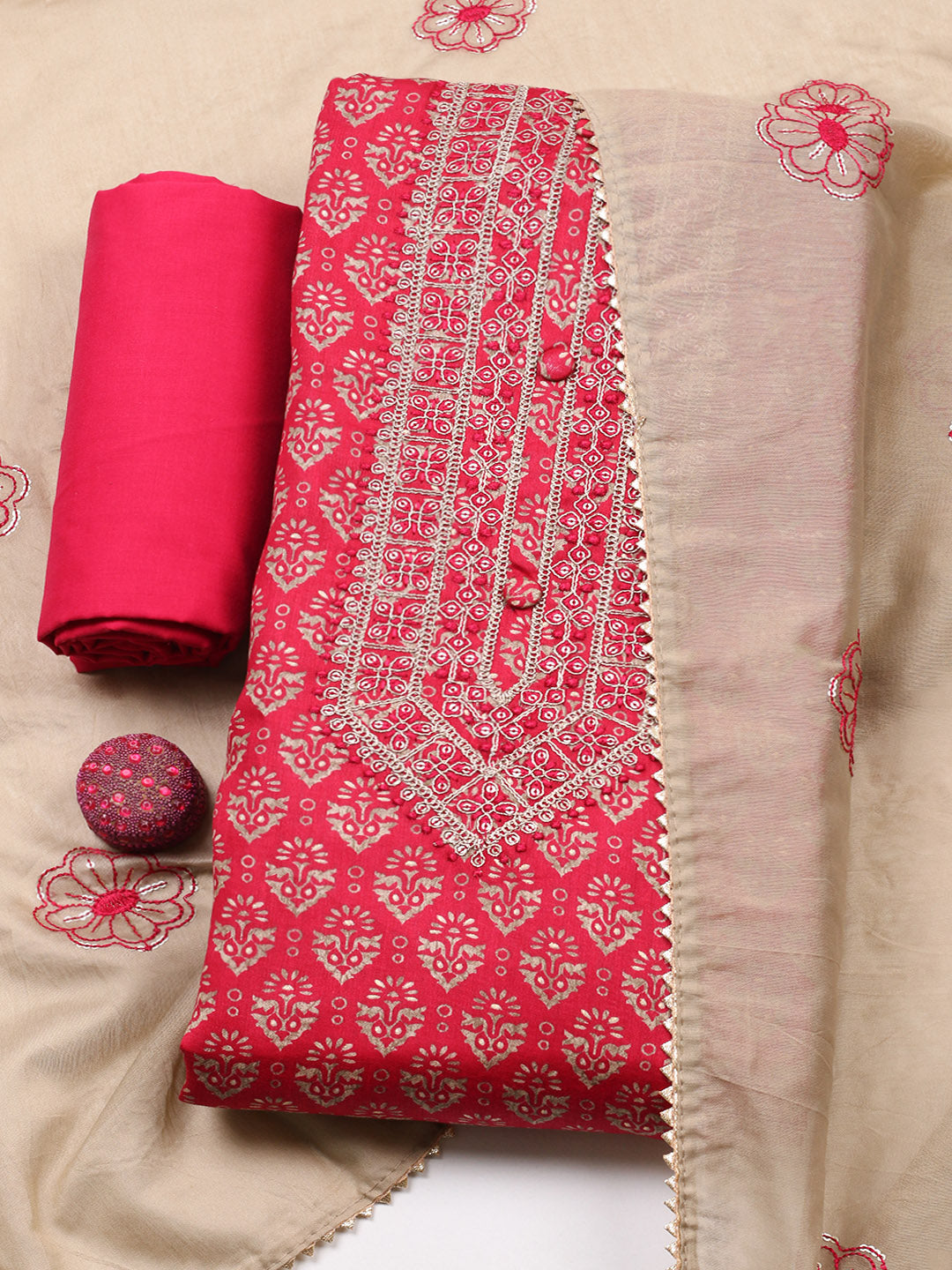 Embroidered Cotton Unstitched Suit With Pant &amp; Dupatta