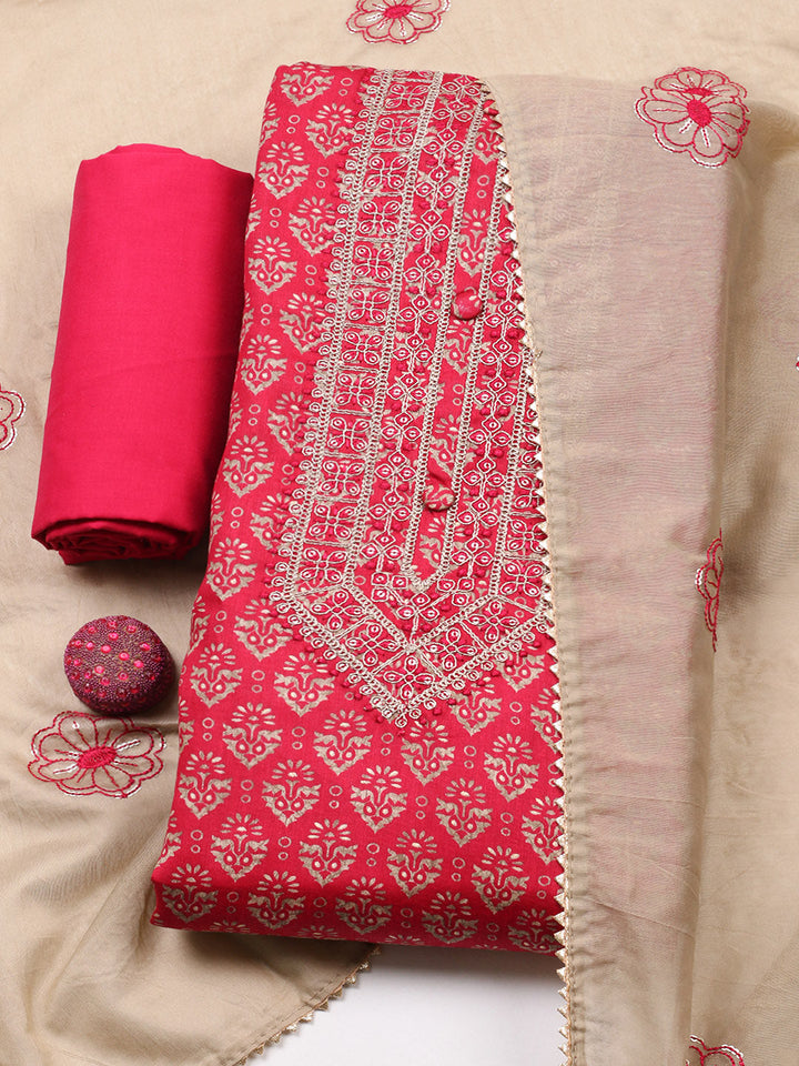 Embroidered Cotton Unstitched Suit With Pant &amp; Dupatta