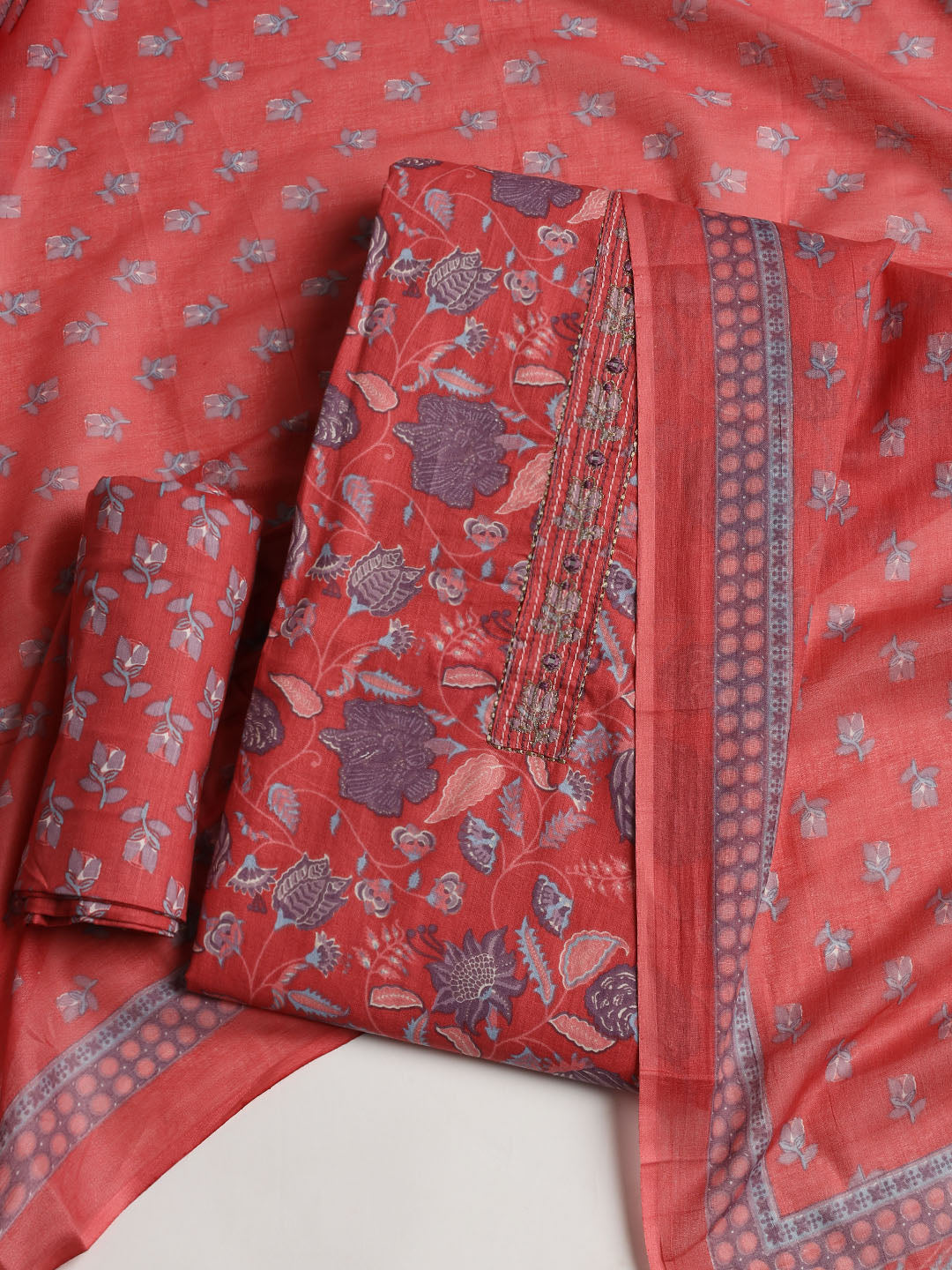 Printed Cotton Blend Unstitched Suit With Dupatta