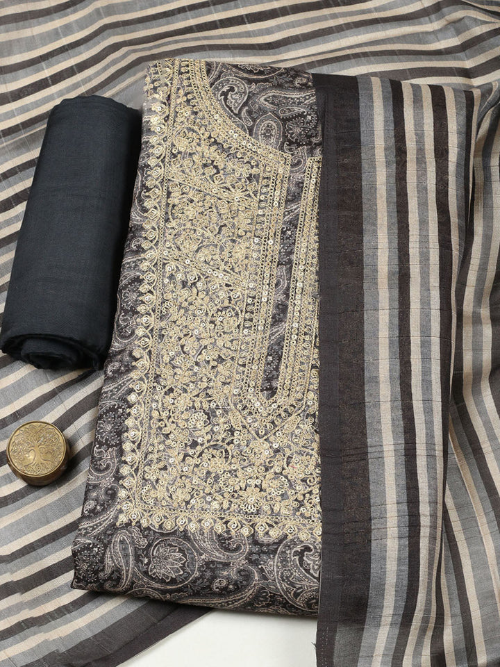 Embroidered Chanderi Unstitched Suit With Pant &amp; Dupatta
