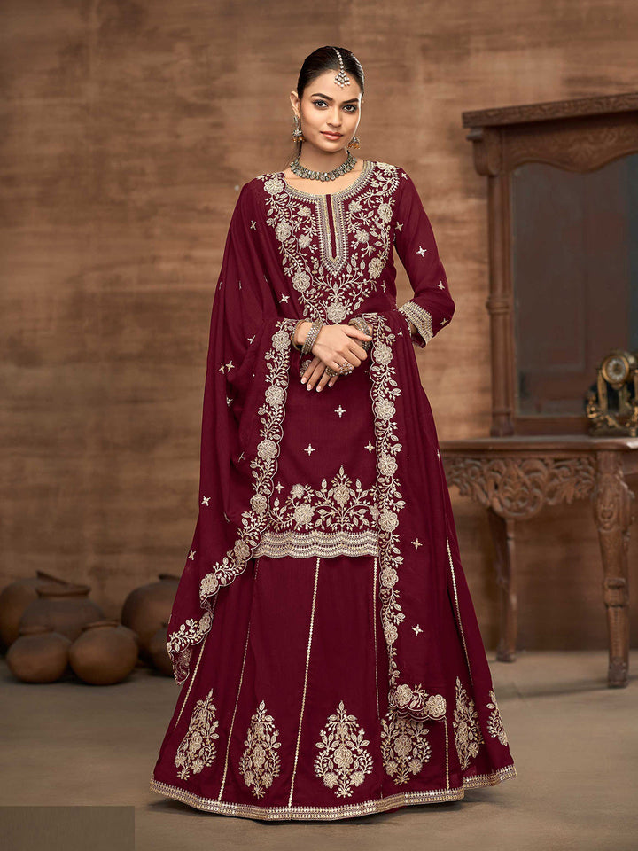 Embroidered Art Silk Kurta With Lehenga &amp; Dupatta