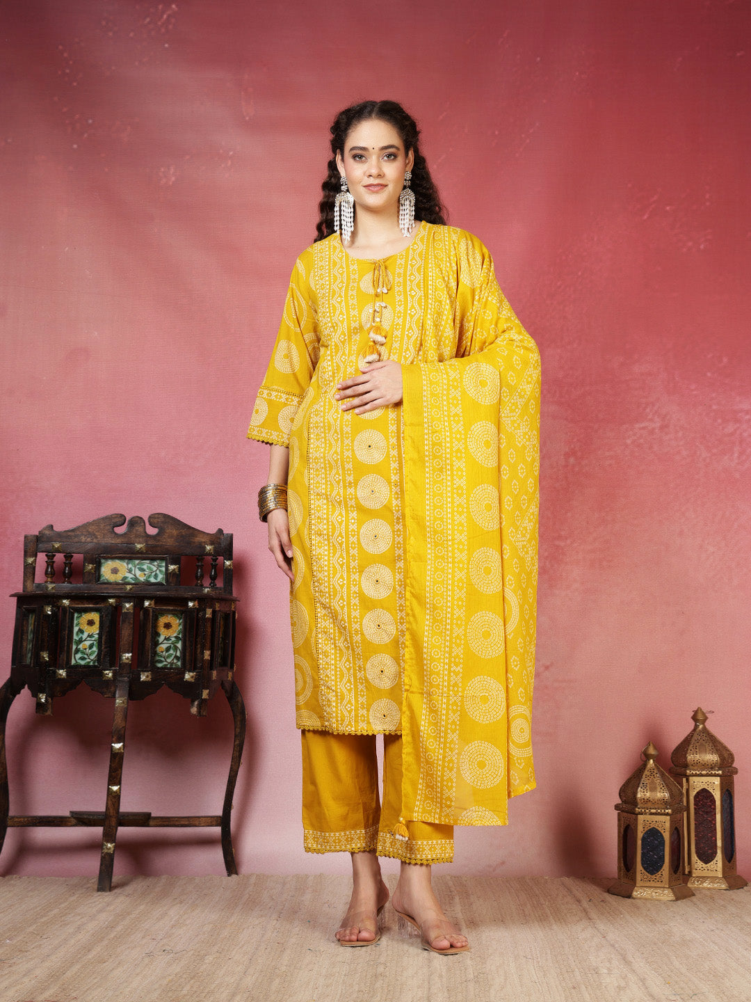 Printed Cotton Blend Kurta With Pants & Dupatta