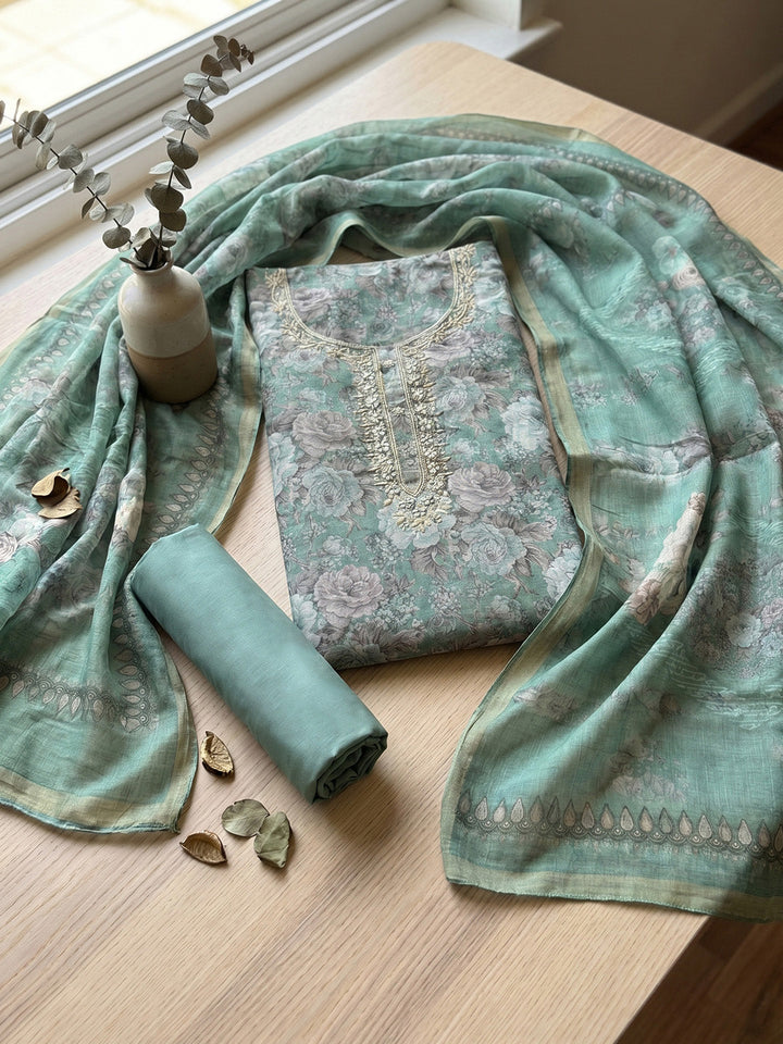 Embroidered Chanderi Unstitched Suit With Pant &amp; Dupatta