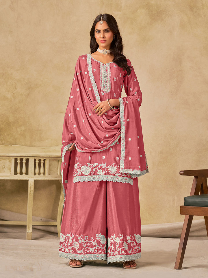 Embroidered Chinnon Semi Stitched Kurta With Plazzo &amp; Dupatta