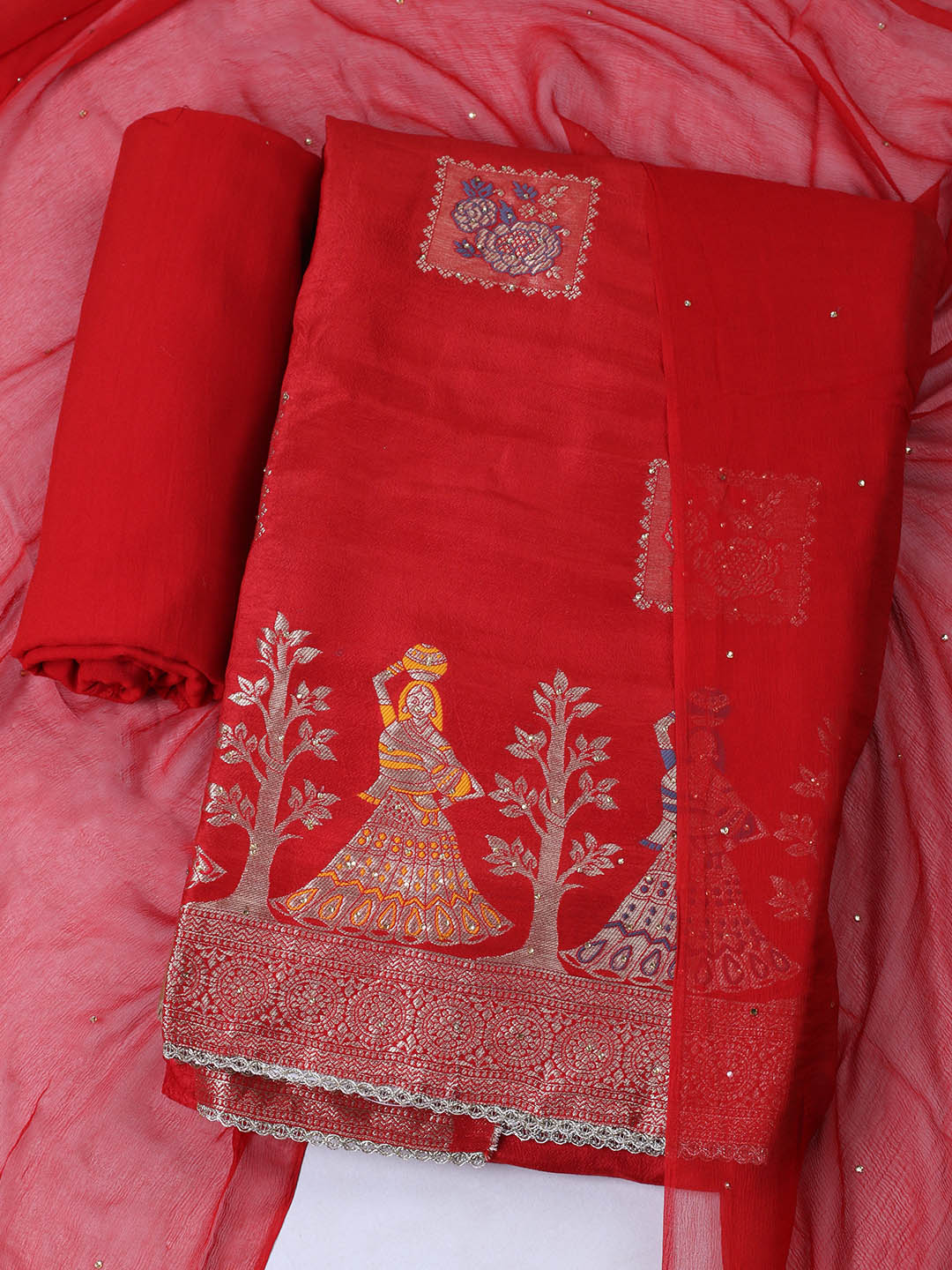 Woven Design Chanderi Unstitched Suit With Pant &amp; Dupatta