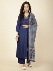 Plain Cotton Kurta With Pants & Dupatta