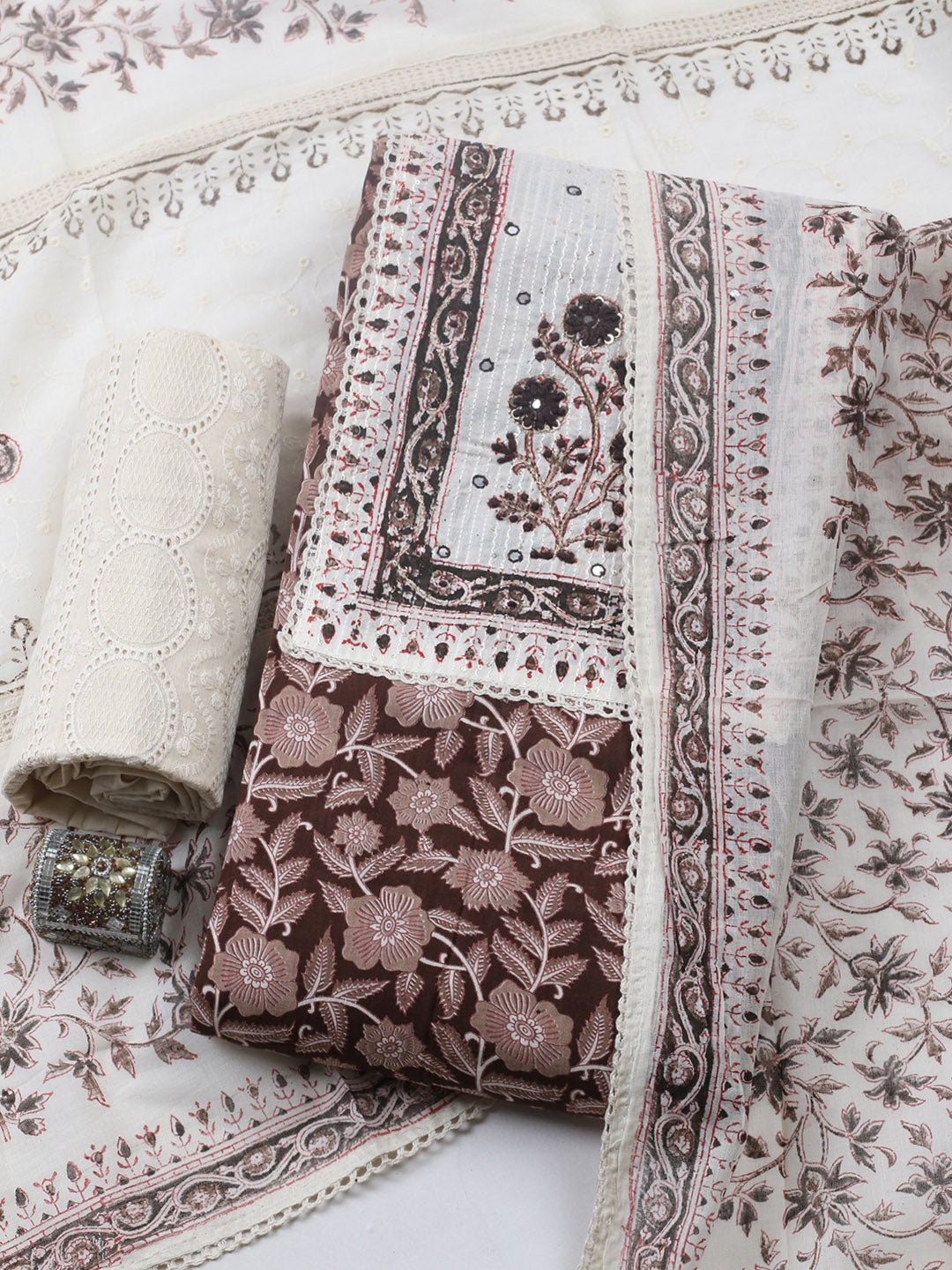 Embroidered Cotton Blend Unstitched Suit With Pant &amp; Dupatta