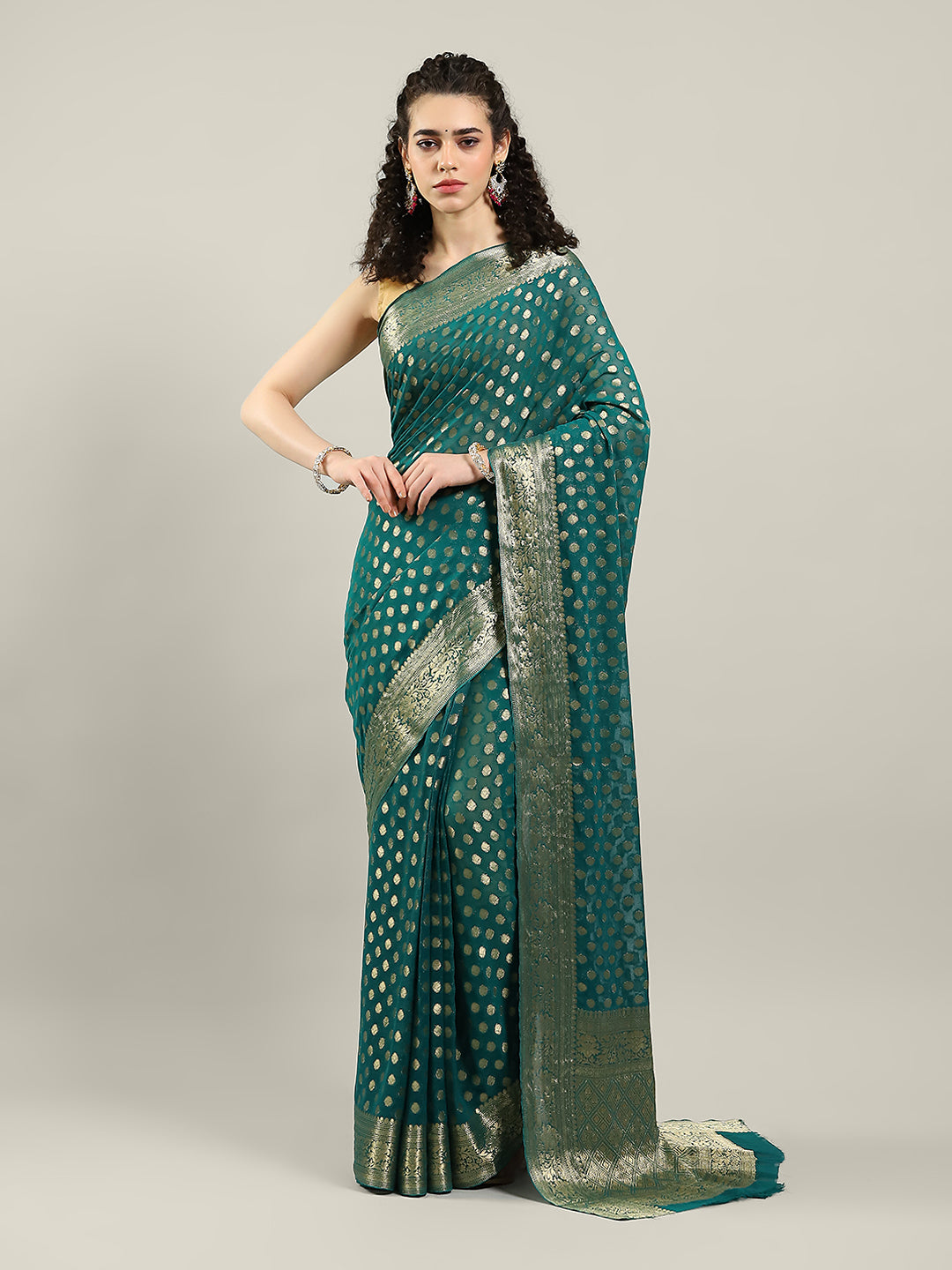 Zari Border Booti Chiffon Woven Saree