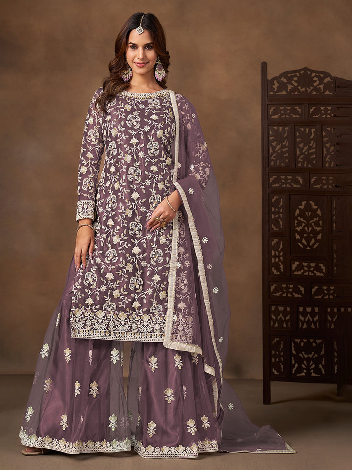 Embroidered Net Semi Stitched Kurta With Plazzo &amp; Dupatta