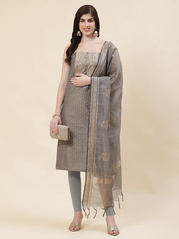 Embroidered Chanderi Unstitched Suit Piece With Dupatta