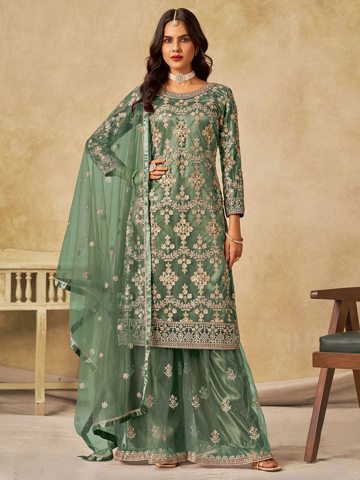 Embroidered Net  Semi Stitched Kurta With Sharara &amp; Dupatta