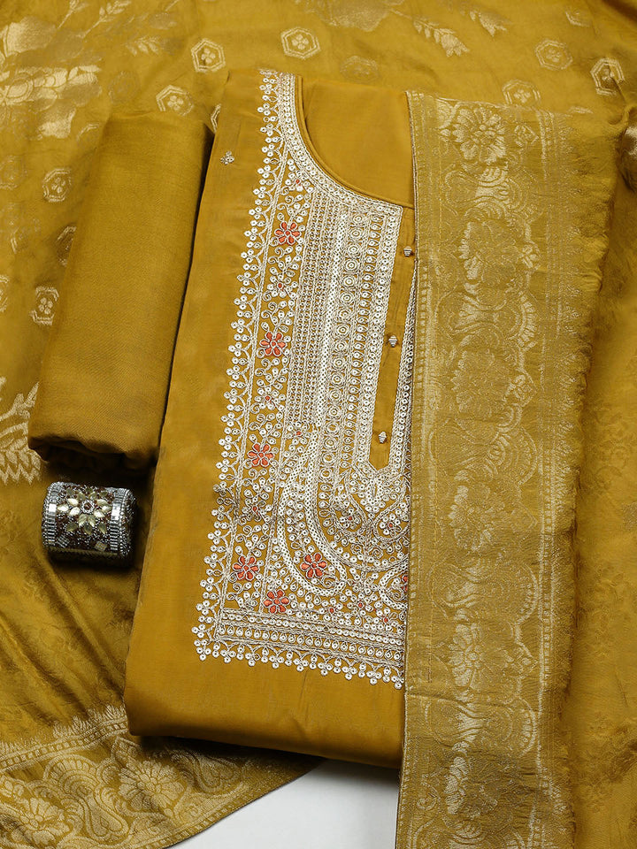 Embroidered Chanderi Unstitched Suit With Pant &amp; Dupatta