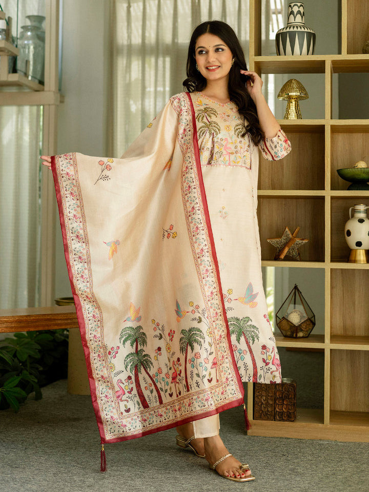 Embroidered Cotton Blend Kurta With Pants &amp; Dupatta