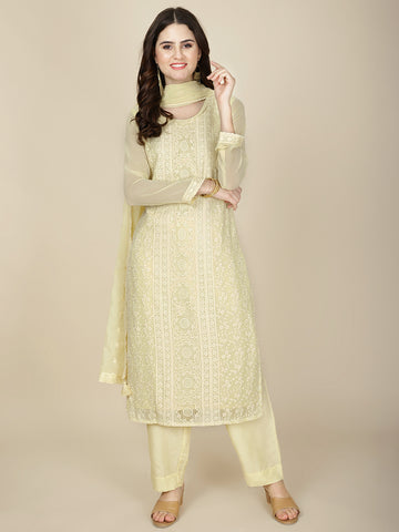 Resham Embroidered Georgette Kurta With Pants & Dupatta