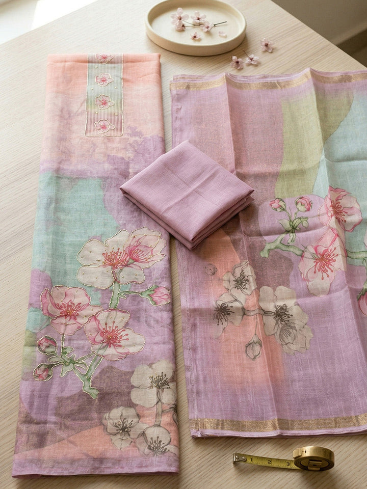 Embroidered Linen Blend Unstitched Suit With Pant &amp; Dupatta