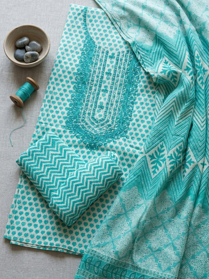 Embroidered Cotton Blend Unstitched Suit With Pant &amp; Dupatta