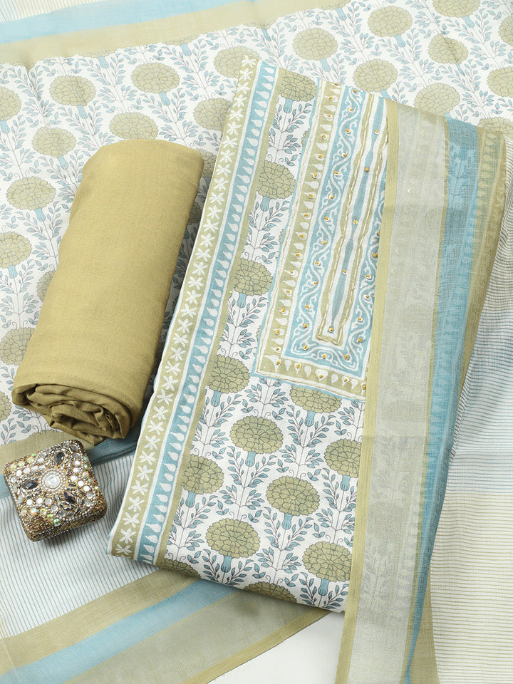 Printed Linen Blend Unstitched Suit With Pant &amp; Dupatta