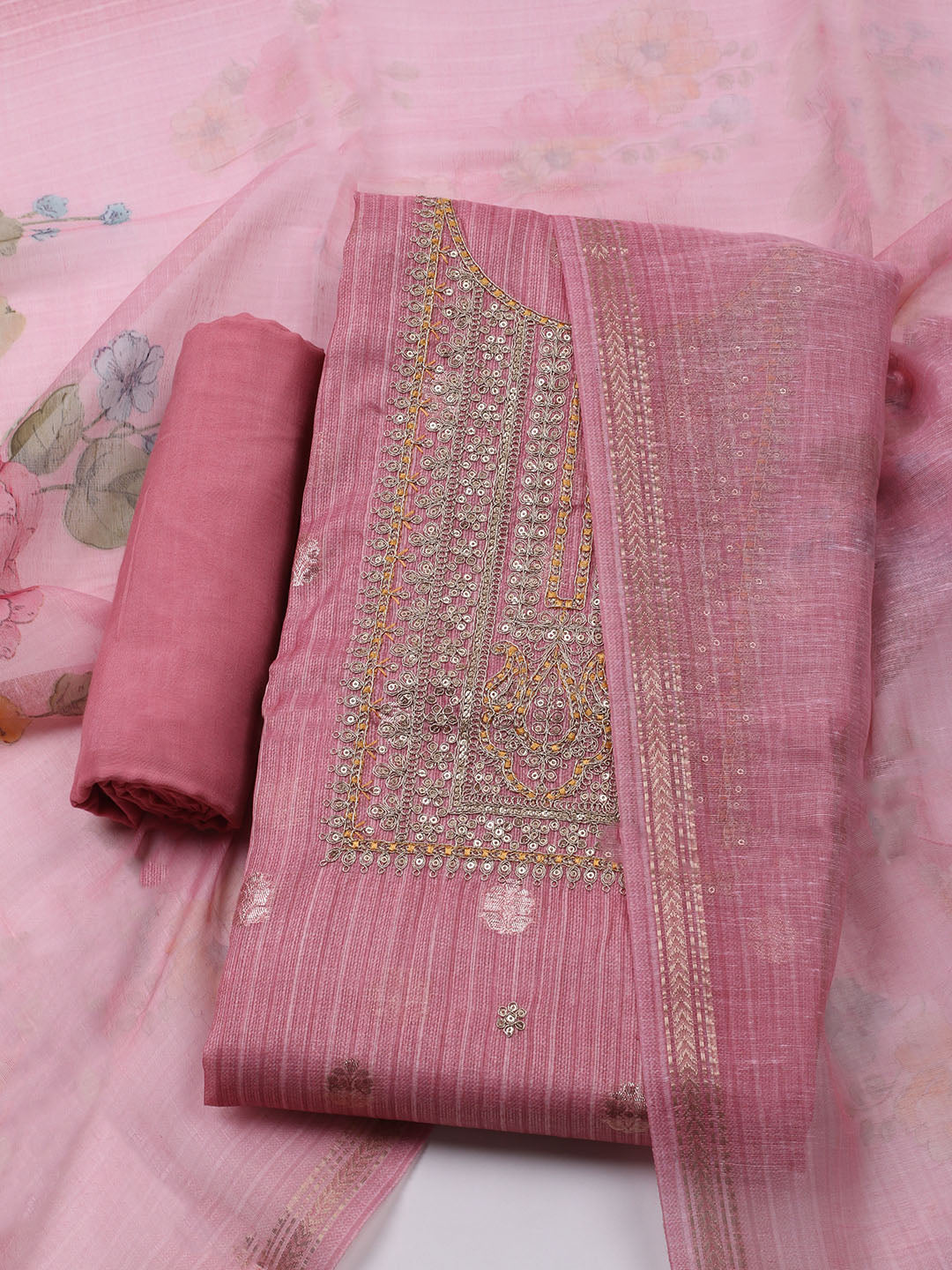Embroidered Chanderi Unstitched Kurta With Pant &amp; Dupatta