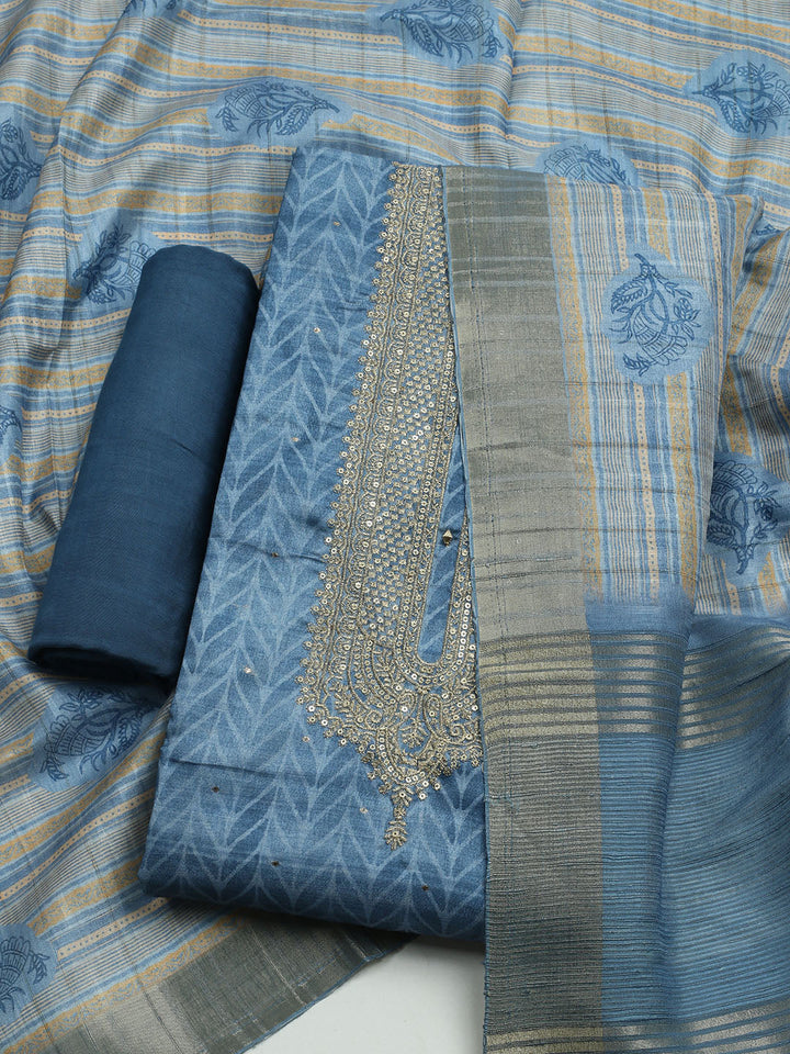 Embroidered Tussar Unstitched Kurta With Pant &amp; Dupatta