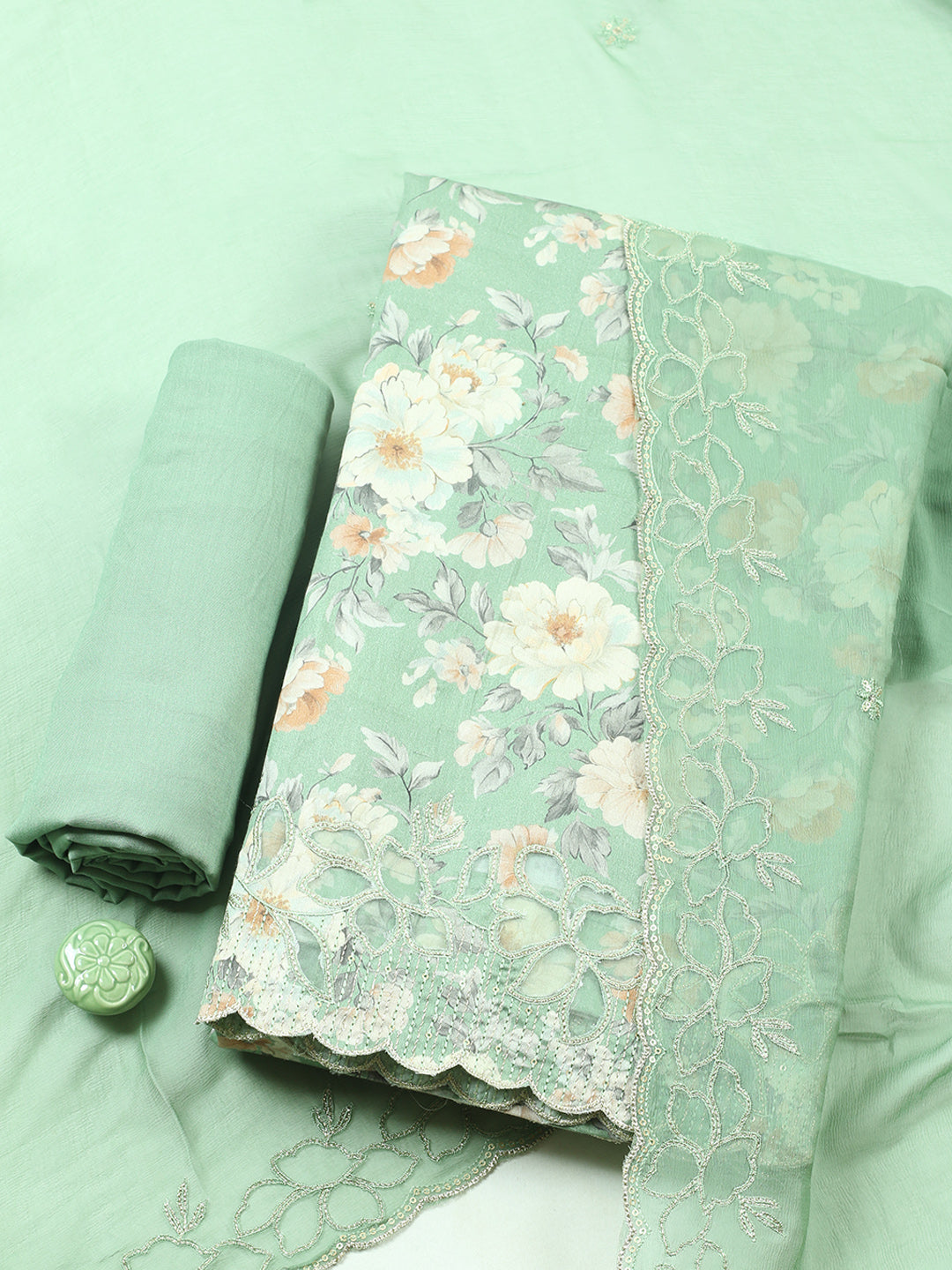 Embroidered, Cotton Blend Unstitched Suit With Pant &amp; Dupatta