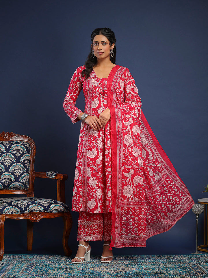 Hot Pink Cotton Blend Printed A Line Suit Set