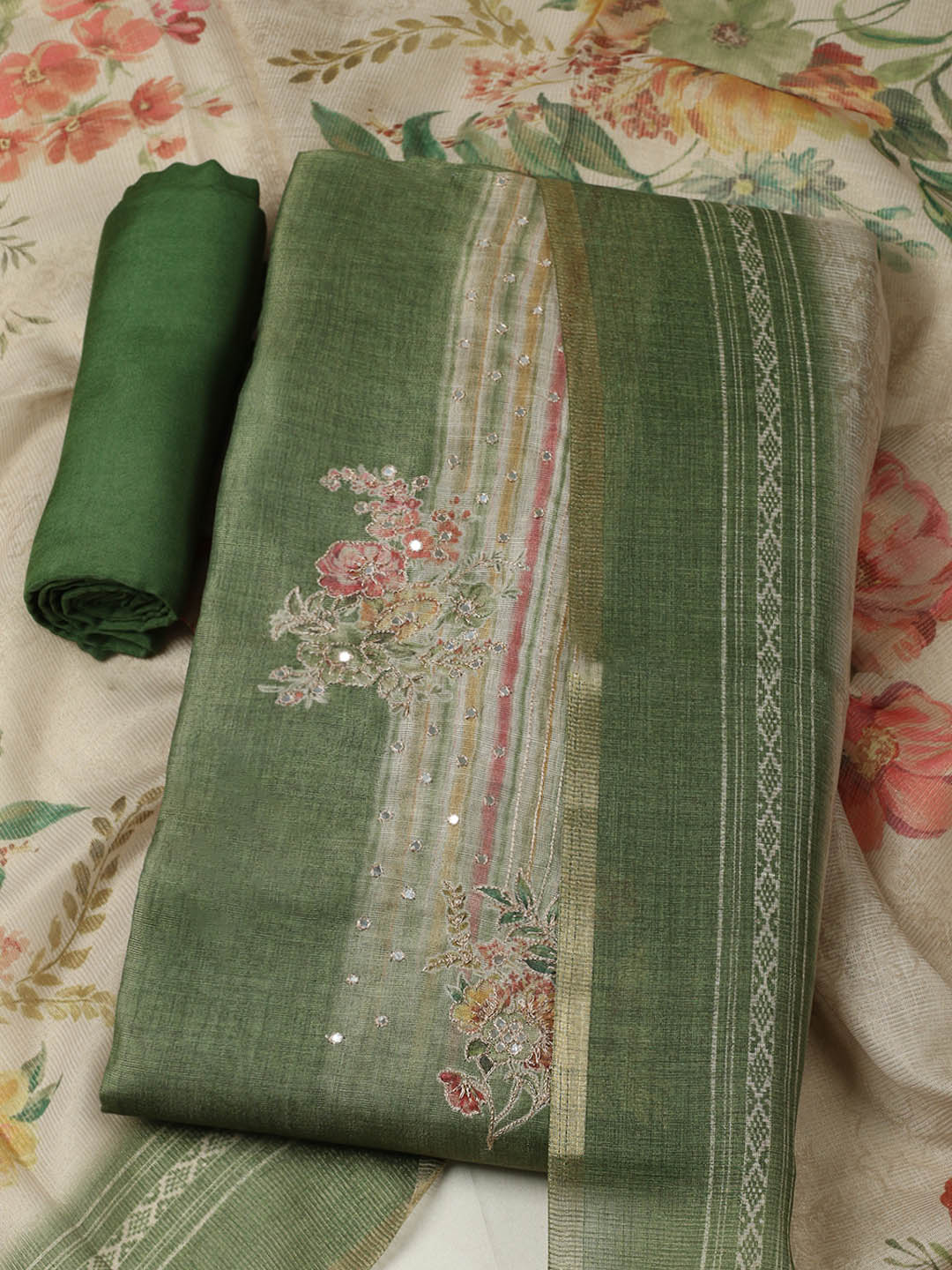 Embroidered Tissue Unstitched Suit With Pant &amp; Dupatta