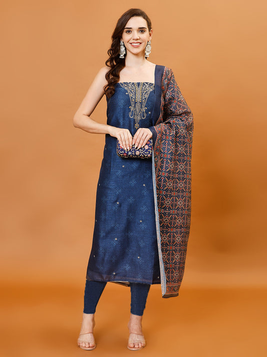 Neck Embroidered Chanderi Unstitched Suit Piece With Printed Dupatta