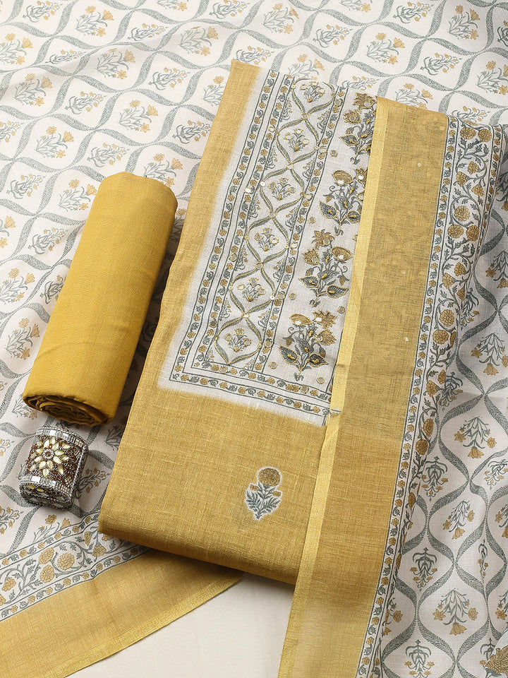 Embroidered Cotton Blend Unstitched Suit With Pant &amp; Dupatta