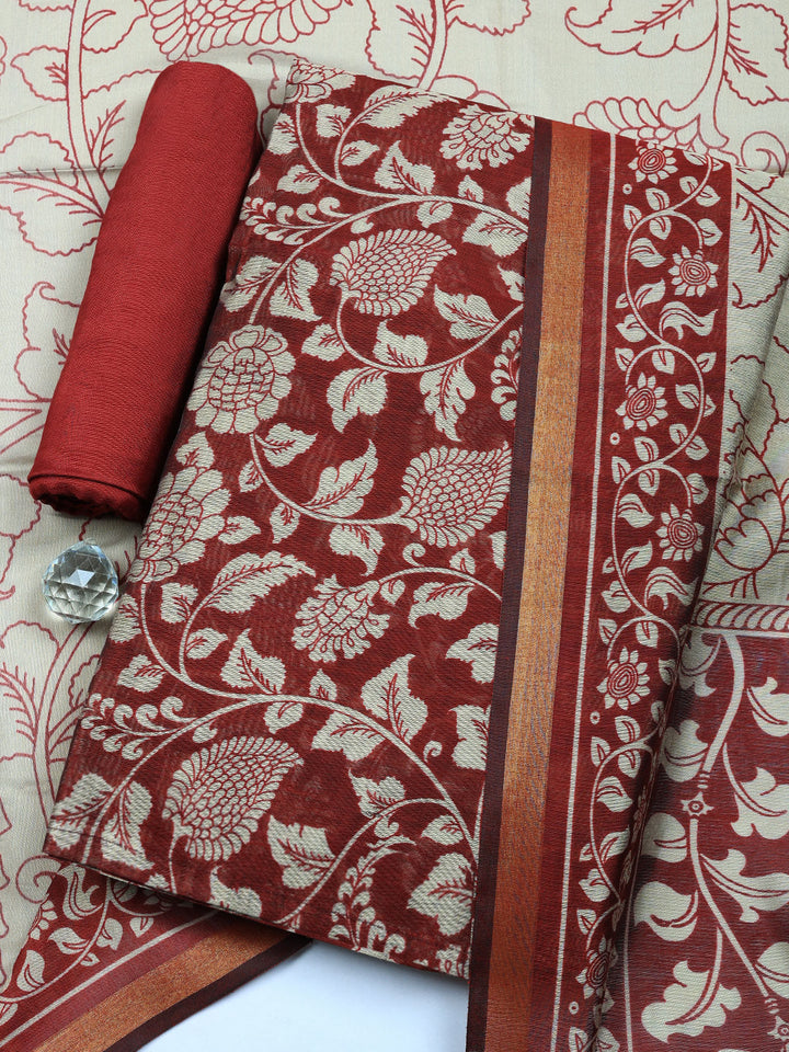 Printed Chanderi Unstitched Suit With Pant &amp; Dupatta