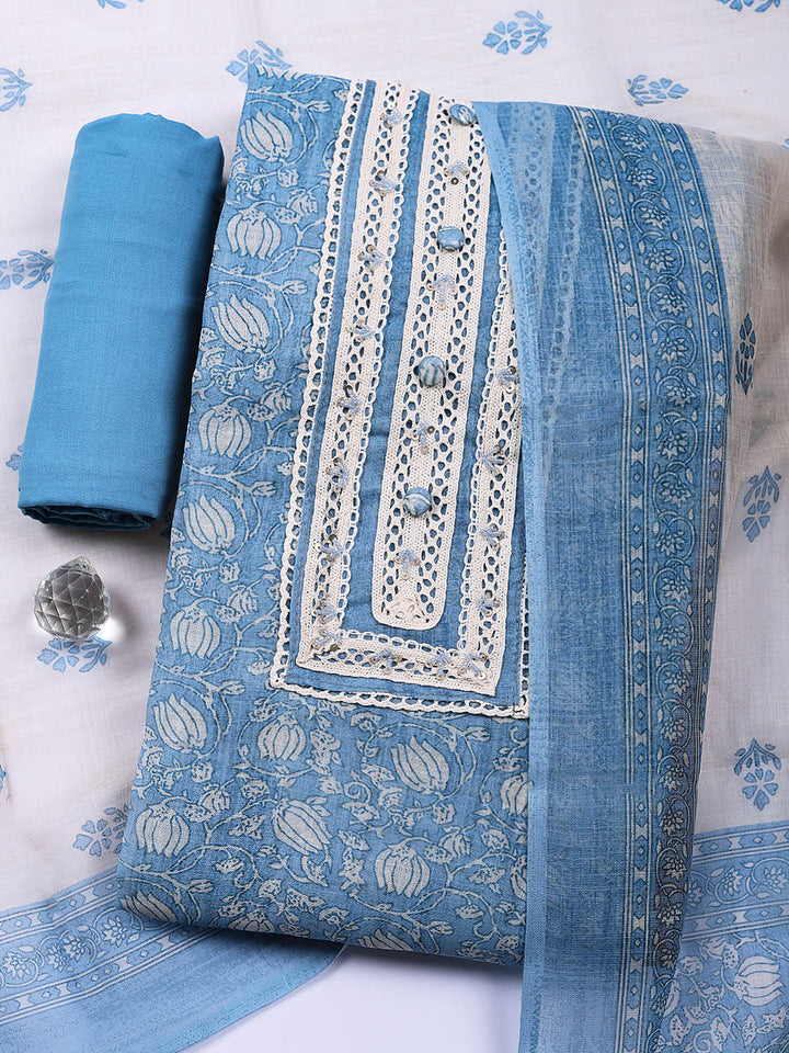 Embroidered Linen Blend Unstitched Suit With Pant &amp; Dupatta
