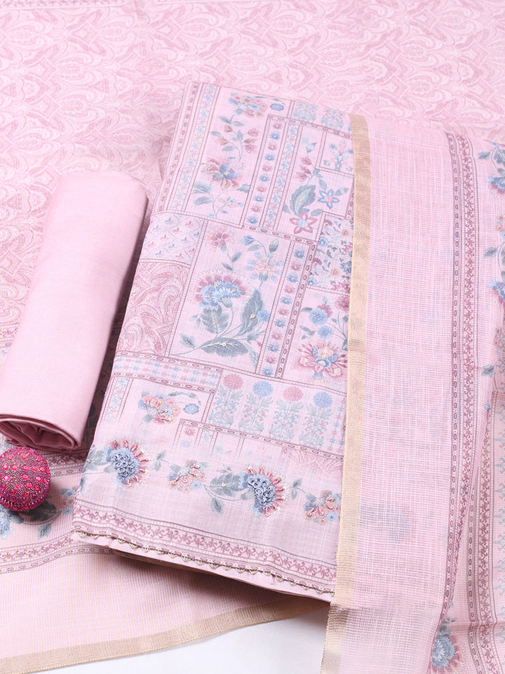 Printed Linen Blend Unstitched Suit With Pant &amp; Dupatta