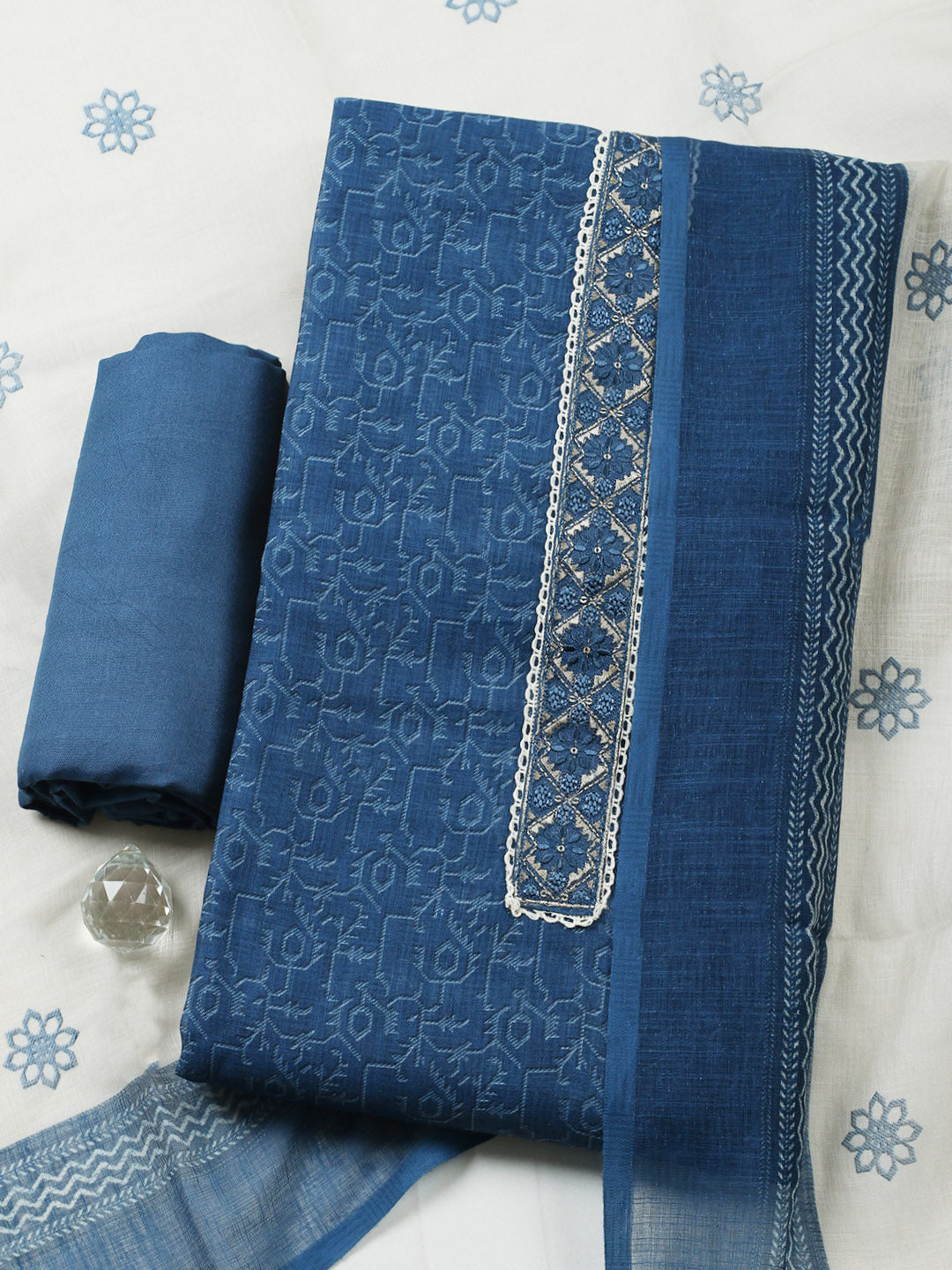Embroidered Linen Blend Unstitched Suit With Pant Dupatta