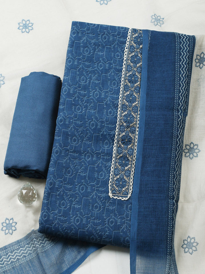 Embroidered Linen Blend Unstitched Suit With Pant Dupatta