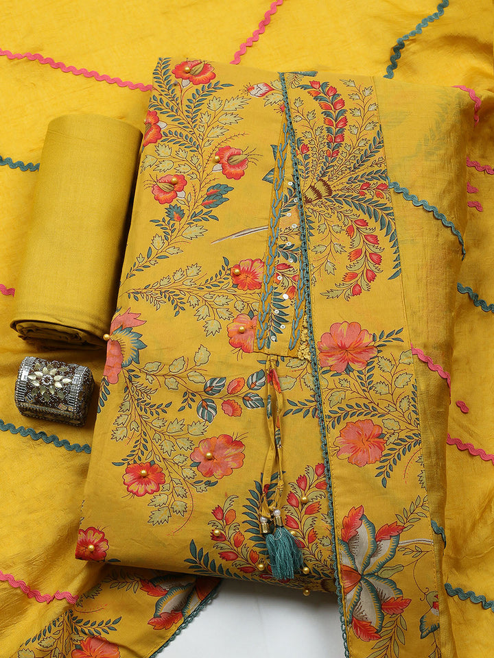 Embroidered Cotton Blend Unstitched Suit With Pant &amp; Dupatta
