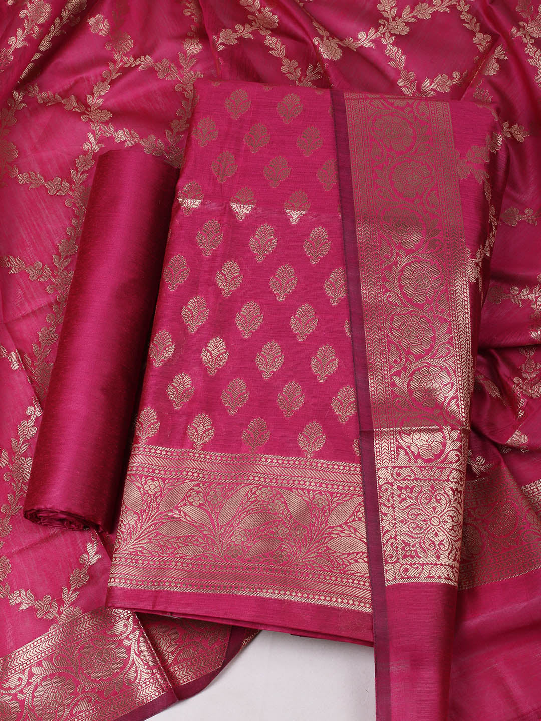 Woven Design Chanderi Unstitched Suit With Pant &amp; Dupatta