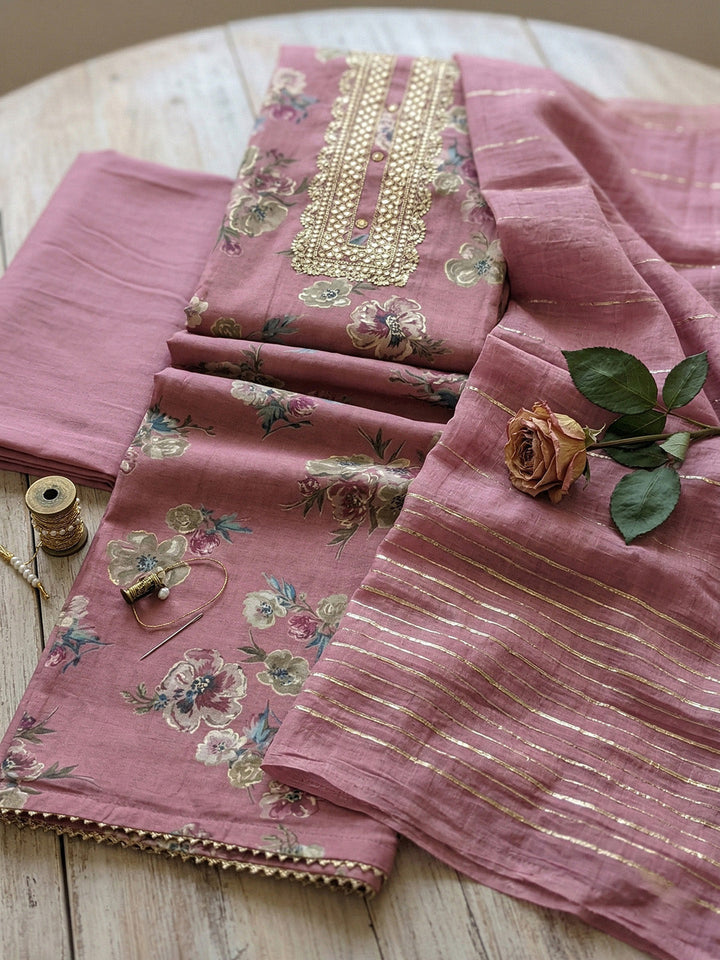 Embroidered Cotton Blend Unstitched Suit With Pant &amp; Dupatta