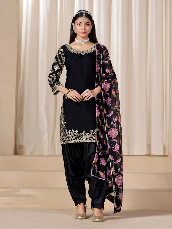 Embroidered Art Silk Semi Stitched Kurta With Patiala Salwar &amp; Dupatta