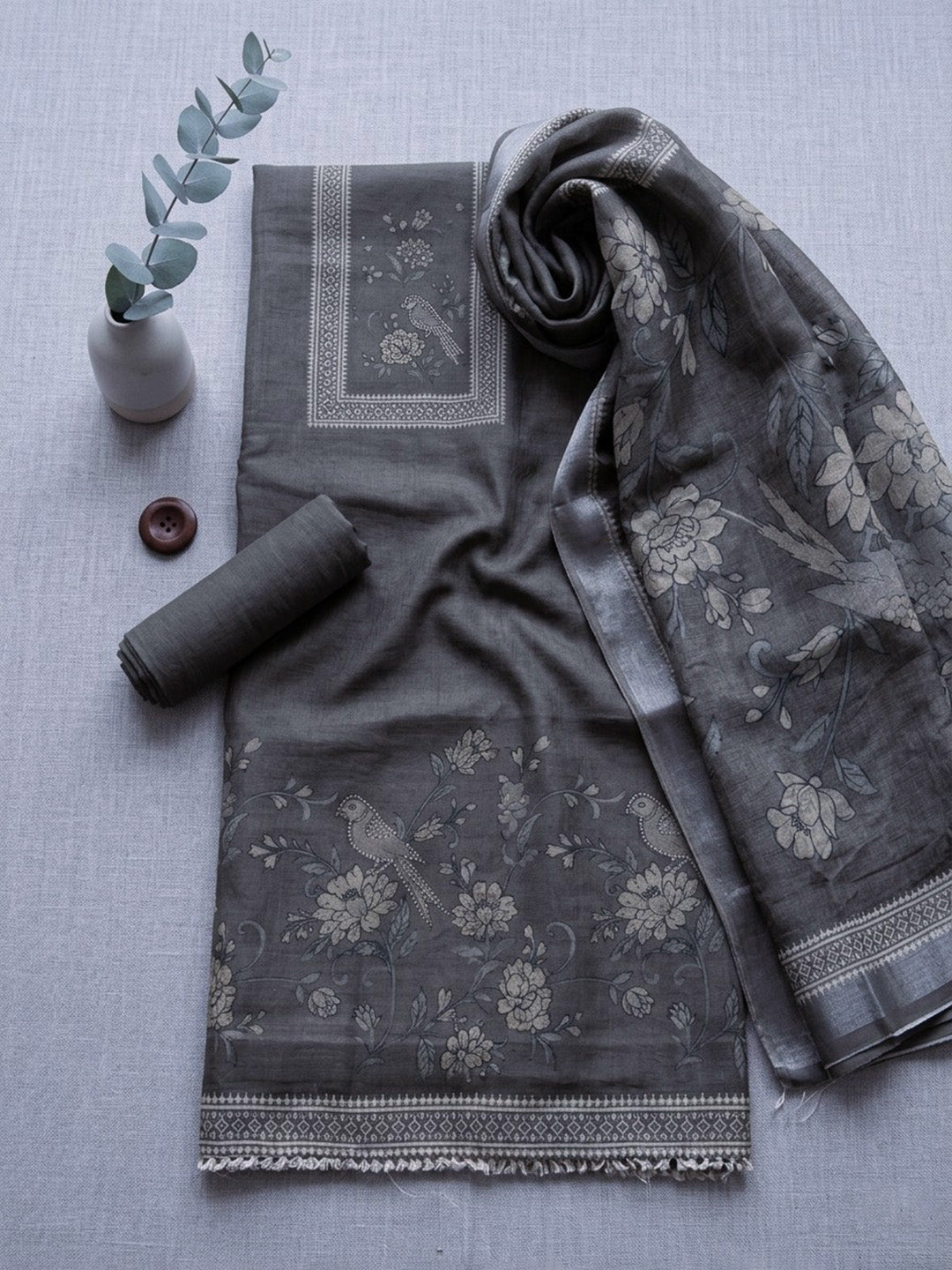 Embroidered Linen Blend Unstitched Suit With Pant &amp; Dupatta