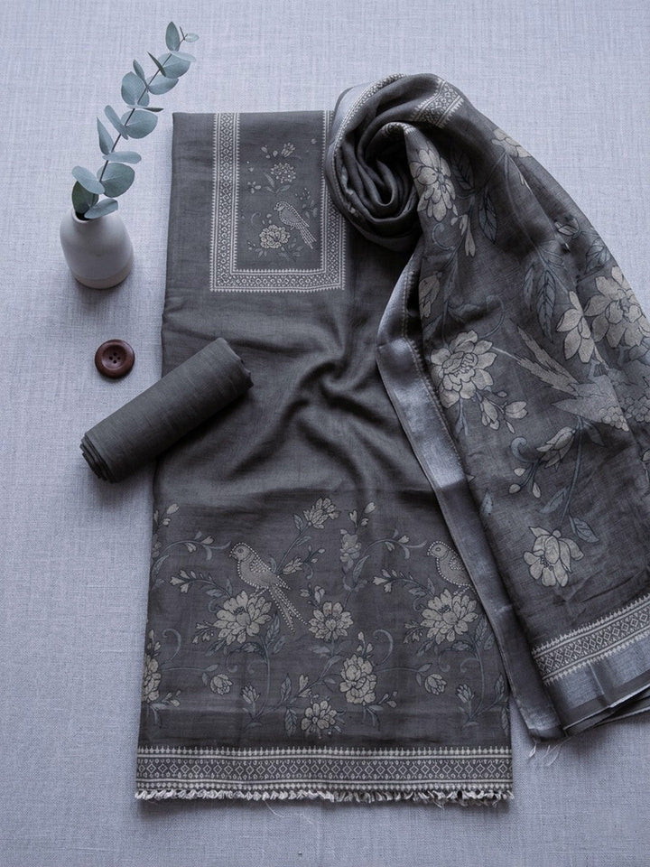 Embroidered Linen Blend Unstitched Suit With Pant &amp; Dupatta