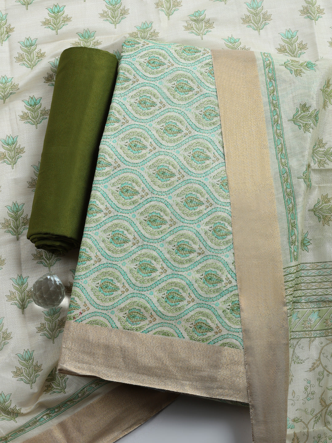 Printed, Chanderi Unstitched Suit With Pant &amp; Dupatta